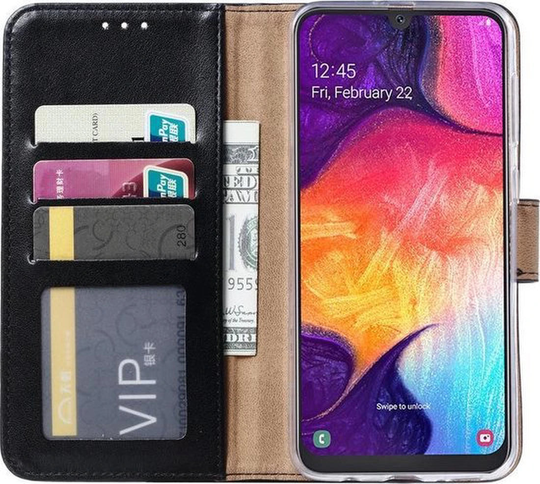 Samsung Galaxy A50S Hoesjes – Portemonnee Bookcase – Magneetsluiting – 2x Gehard Glas Screenprotector – Zwart