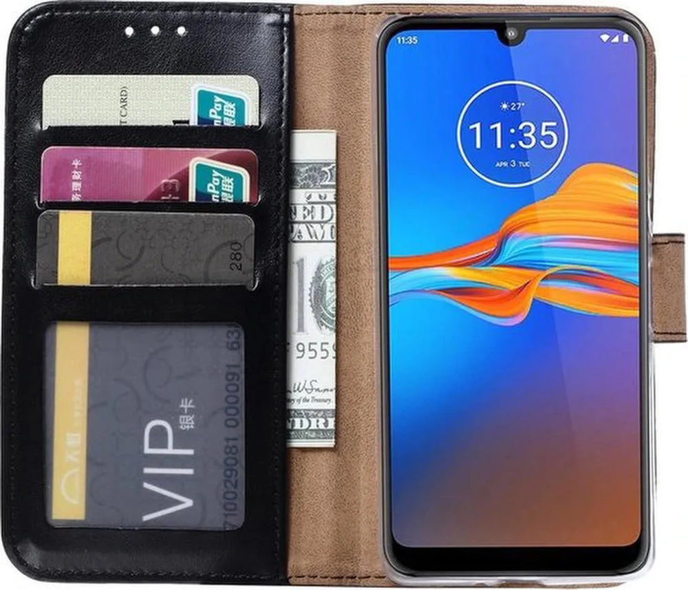 Motorola Moto E6S Hoesjes – Portemonnee Hoes – Pasjeshouder – 2x Screenprotector – Zwart-Ilumina Benelux