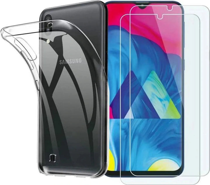 Samsung Galaxy M10 Hoesjes – TPU Siliconen Backcover – Inclusief 2x Gehard Glas Screenprotector – Transparant-Ilumina Benelux