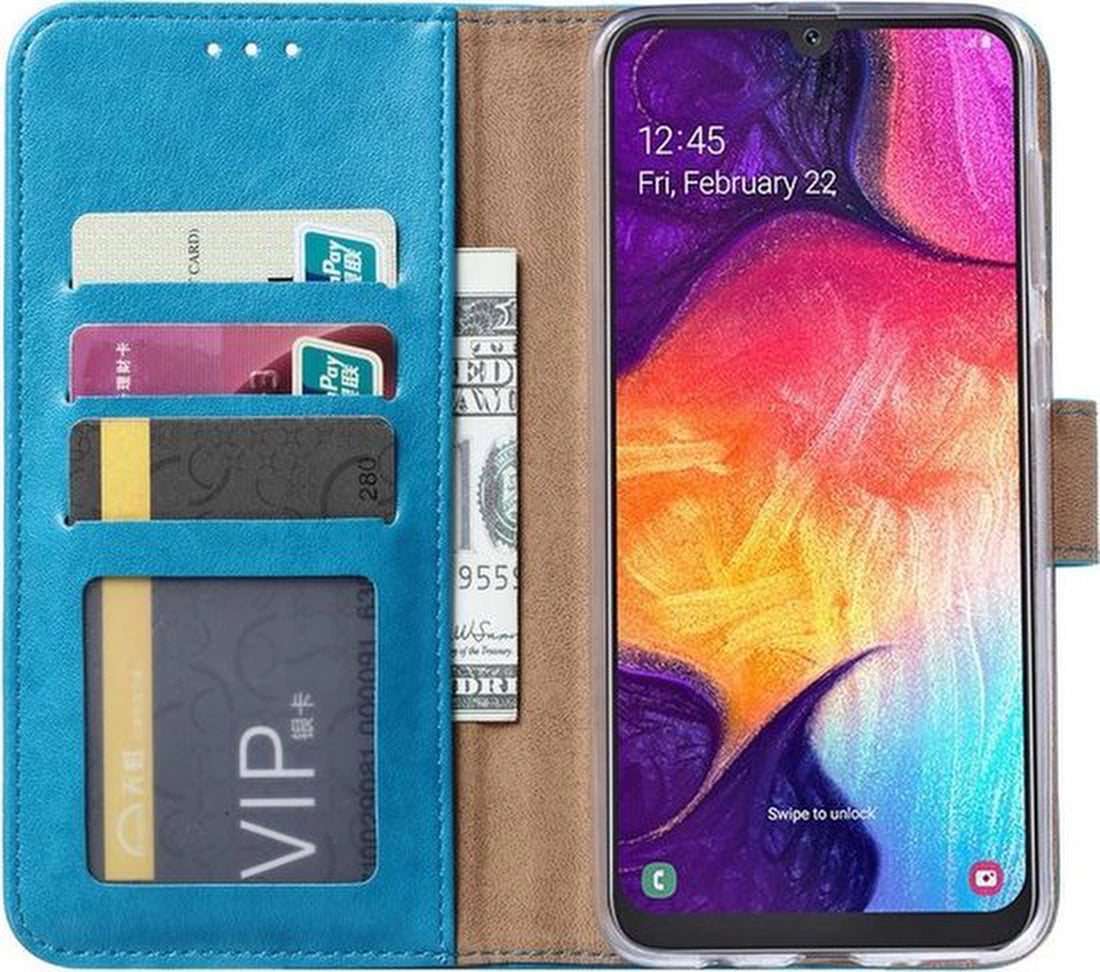 Bookcase hoesje Geschikt voor: Samsung Galaxy A50S Portemonnee Turquoise met 2x Glas Screenprotector