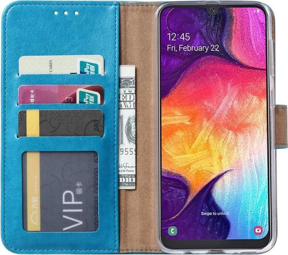 Samsung Galaxy A50S Hoesjes – Portemonnee Bookcase – Magneetsluiting – Inclusief 2x Gehard Glas Screenprotector – Turquoise-Ilumina Benelux