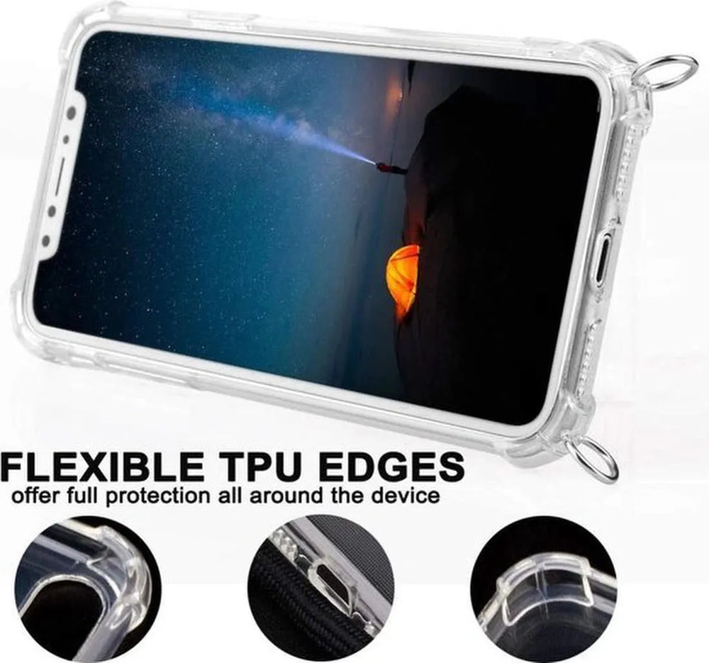Samsung Galaxy A30S Hoesjes – Backcover met Koord – Schokbestendig – Schouder/Nek Draagriem – Zwart-Ilumina Benelux
