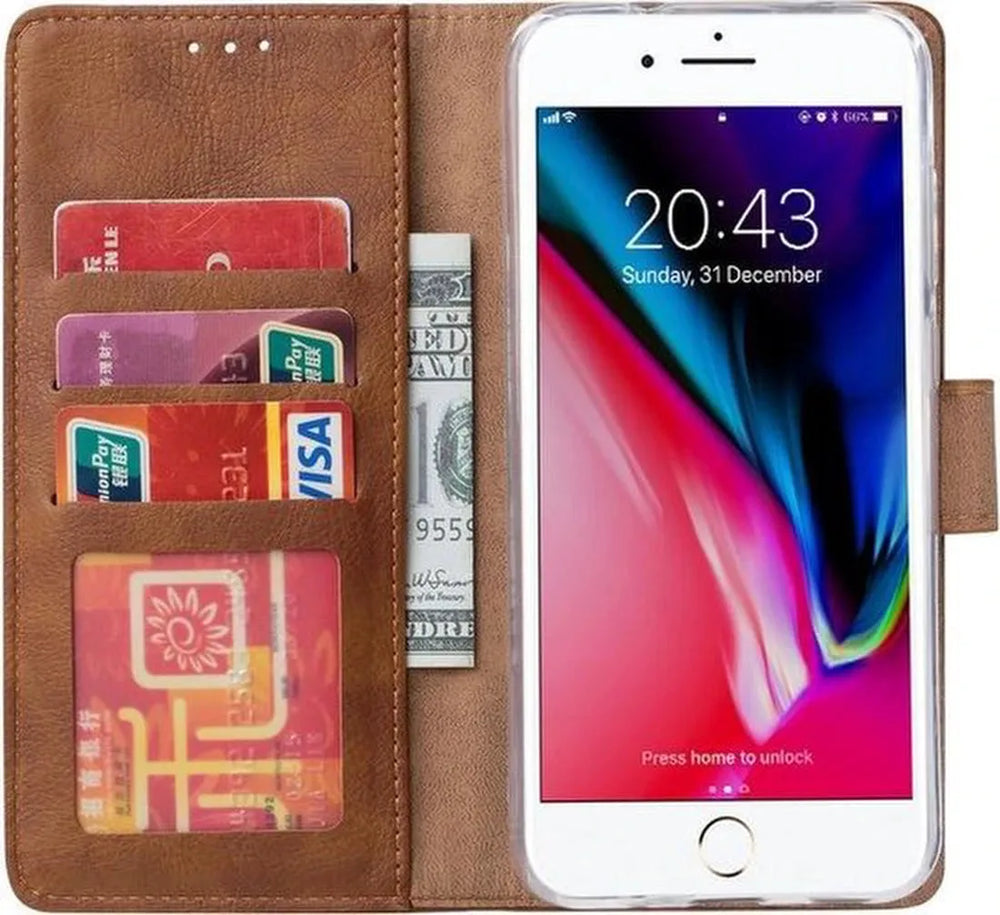 iPhone SE 2020 / 7 / 8 Hoesjes – Bookcase Portemonnee Hoes – Pasjeshouder – Magneetsluiting – Lichtbruin-Ilumina Benelux