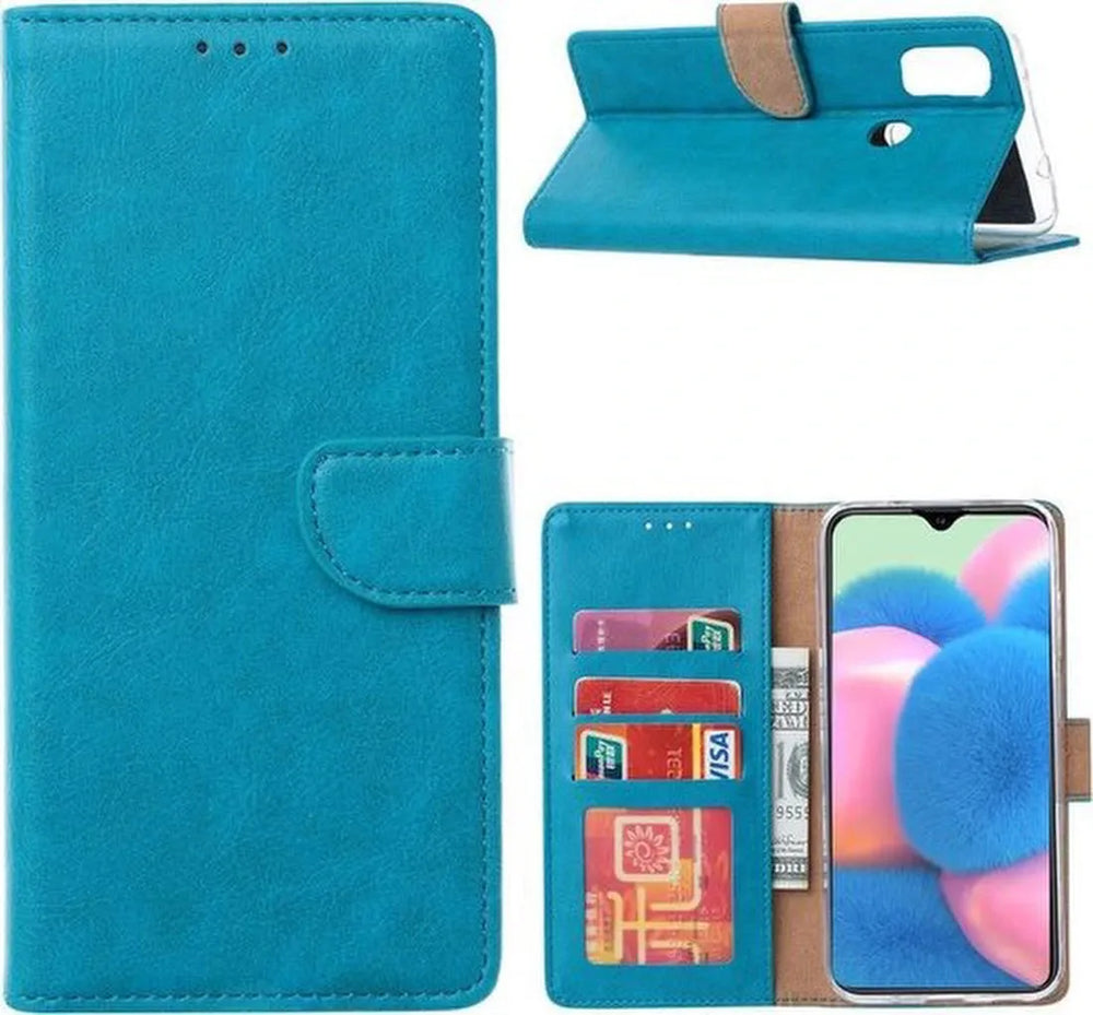Samsung Galaxy M21 Hoesjes – Portemonnee Hoes – Magneetsluiting – Pasjeshouder – Turquoise – 2x Gehard Glas Screenprotector-Ilumina Benelux