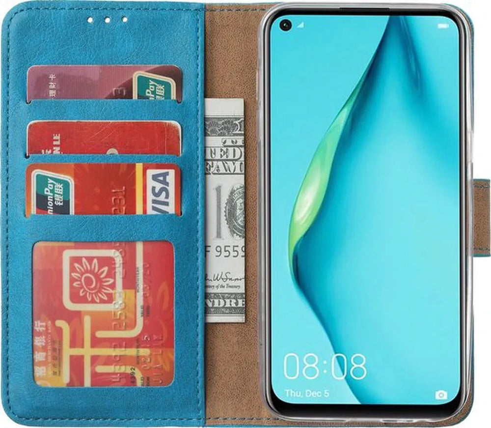 Huawei P40 Lite Hoesjes – Bookcase Portemonnee Hoes – Pasjeshouder – Magneetsluiting – Turquoise-Ilumina Benelux