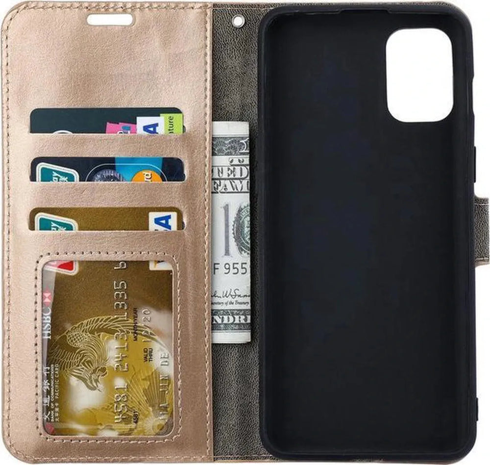 Samsung Galaxy A41 Hoesjes – Bookcase Portemonnee – Magneetsluiting – 2x Gehard Glas Screenprotector – Goud-Ilumina Benelux