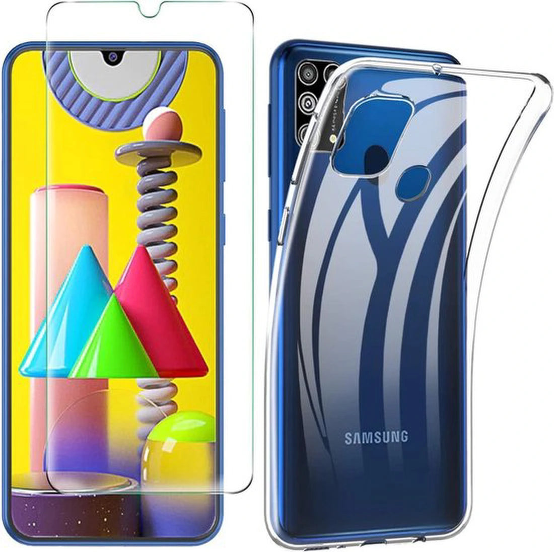 Samsung Galaxy M31 Hoesjes – TPU Siliconen Backcover – 2x Gehard Glas Screenprotector – Transparant
