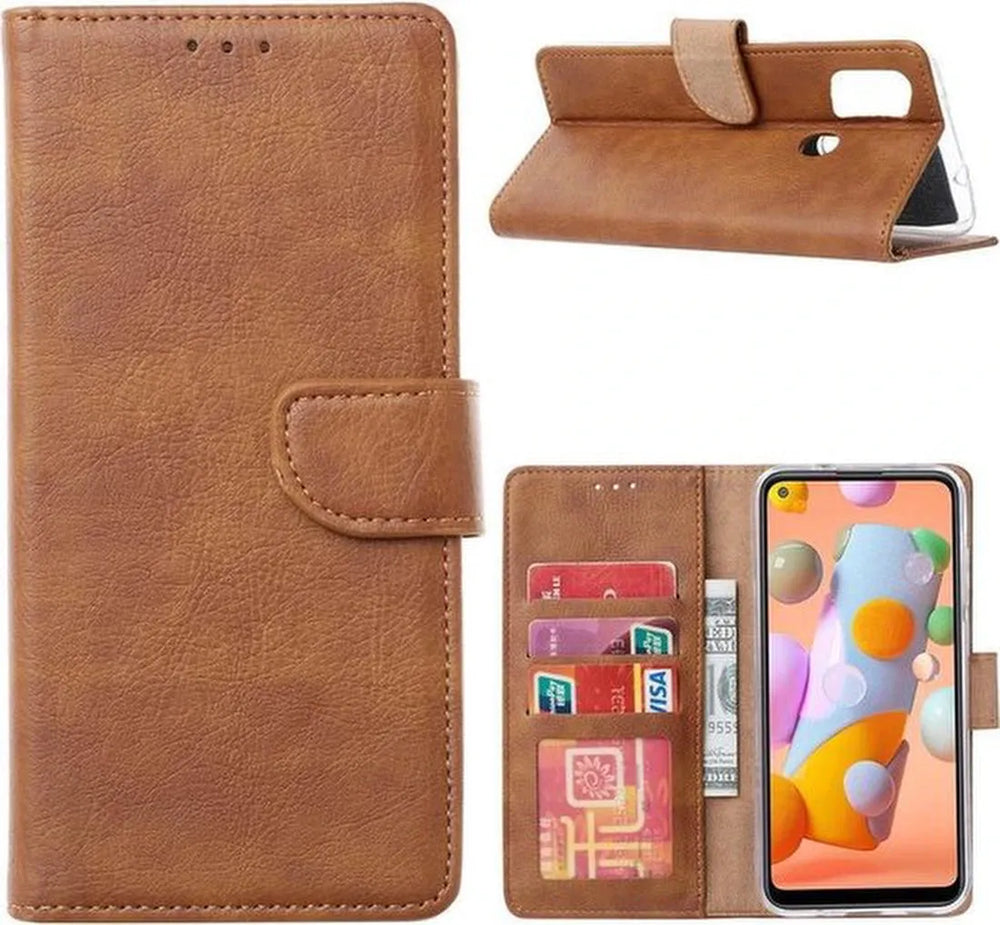 Samsung Galaxy A21S Hoesjes – Portemonnee Hoes – Magneetsluiting – Inclusief 2x Gehard Glas Screenprotector – Bruin-Ilumina Benelux