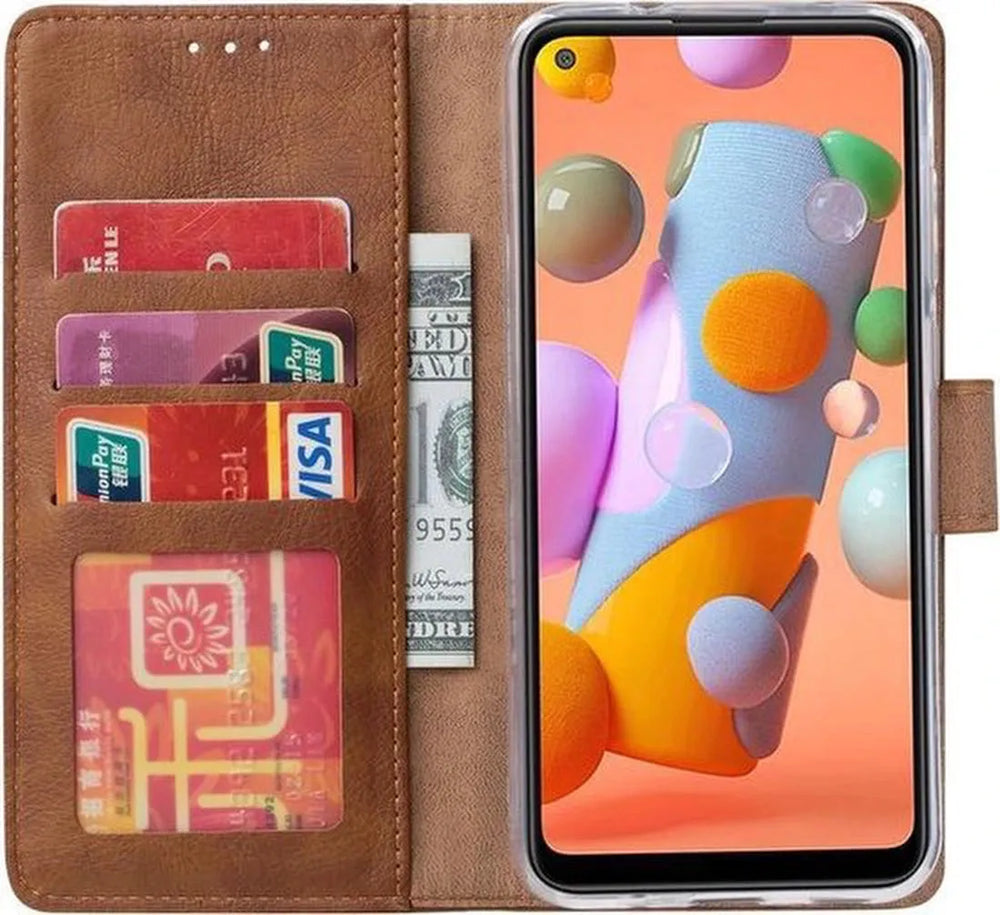 Samsung Galaxy A21S Hoesjes – Portemonnee Hoes – Magneetsluiting – Inclusief 2x Gehard Glas Screenprotector – Bruin-Ilumina Benelux