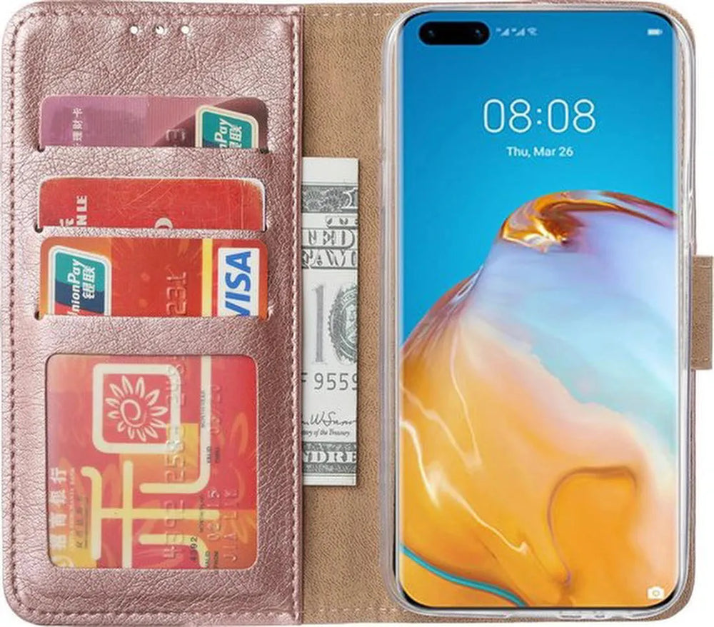 Huawei P40 Pro Plus Hoesjes – Bookcase Portemonnee – Pasjeshouder – Magneetsluiting – Roségoud-Ilumina Benelux