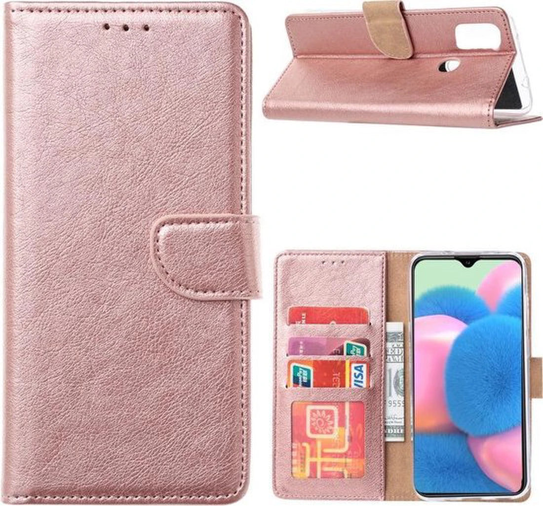 Samsung Galaxy M21 Hoesjes – Portemonnee Hoes – Magneetsluiting – Inclusief 2x Gehard Glas Screenprotector – Roségoud