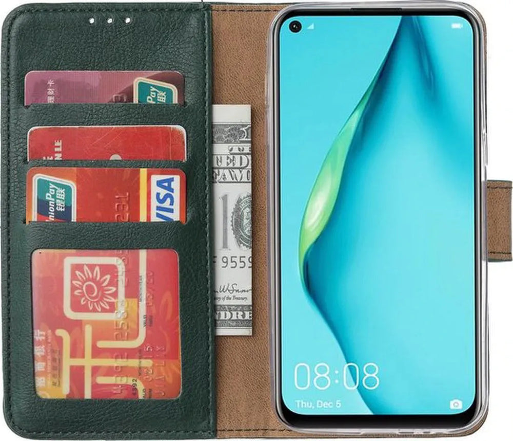 Huawei P40 Lite Hoesjes – Bookcase Portemonnee Hoes – Pasjeshouder – Magneetsluiting – Groen-Ilumina Benelux