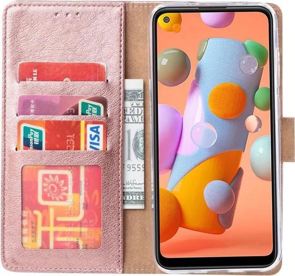 Samsung Galaxy A21S Hoesjes – Portemonnee Hoes – Magneetsluiting – Inclusief 2x Gehard Glas Screenprotector – Roségoud-Ilumina Benelux