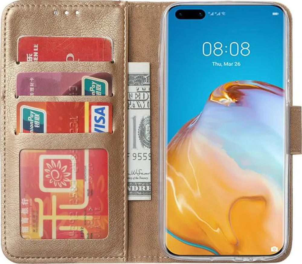 Huawei P40 Pro Plus Hoesjes – Portemonnee Hoes – Bookcase – Magneetsluiting – Goud-Ilumina Benelux