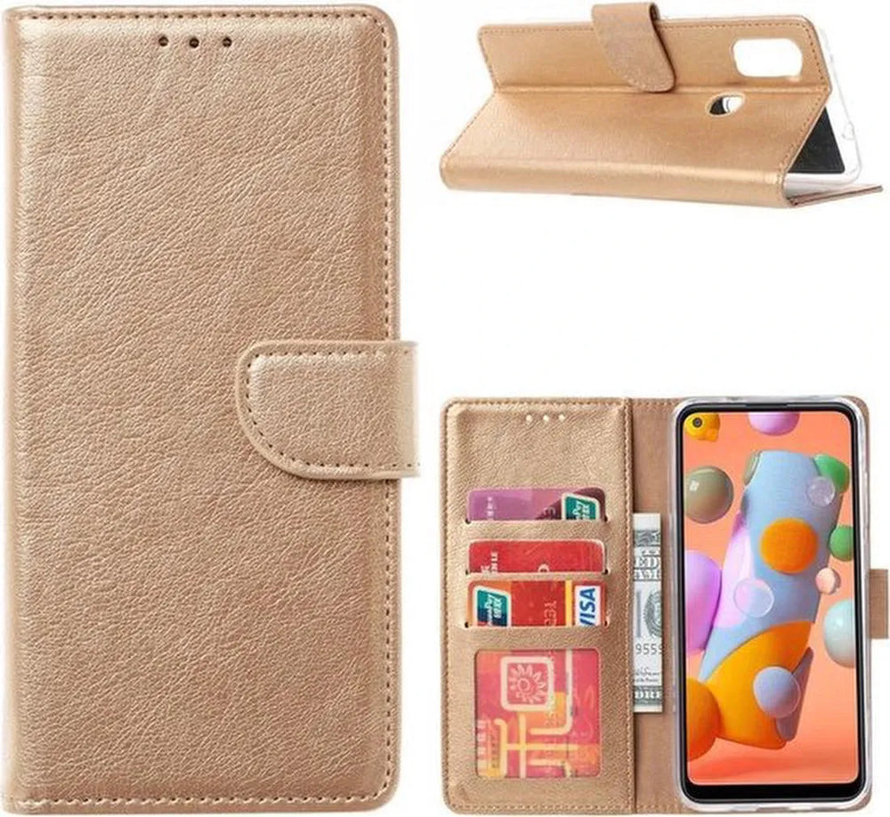 Samsung Galaxy A21S Hoesjes – Portemonnee Hoes – Magneetsluiting – Inclusief 2x Gehard Glas Screenprotector – Goud-Ilumina Benelux