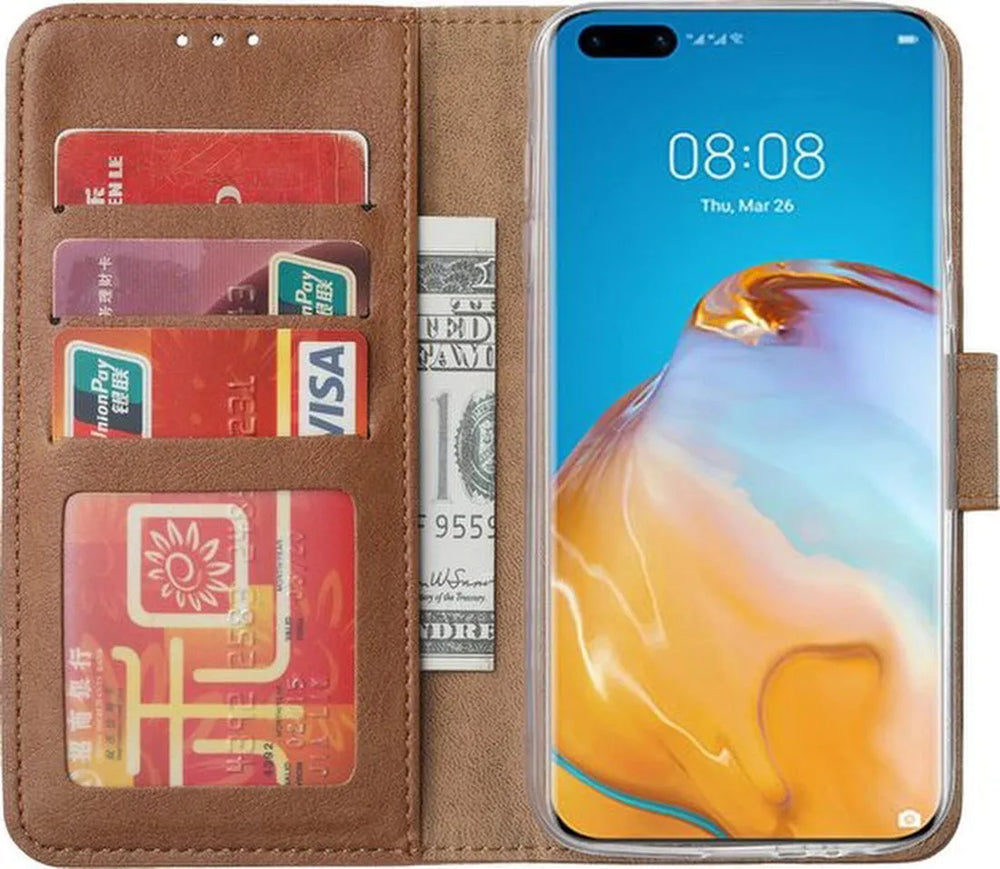 Huawei P40 Pro Plus Hoesjes – Portemonnee Hoes – Pasjeshouder – Magneetsluiting – Lichtbruin-Ilumina Benelux