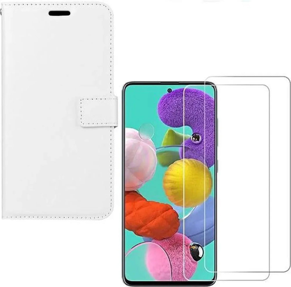 Samsung Galaxy A41 Hoesjes – Portemonnee Bookcase – Magneetsluiting – 2x Gehard Glas Screenprotector – Wit-Ilumina Benelux