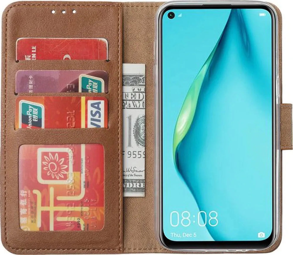 Huawei P40 Lite Hoesjes – Portemonnee Hoes – Pasjeshouder – Magneetsluiting – Lichtbruin-Ilumina Benelux