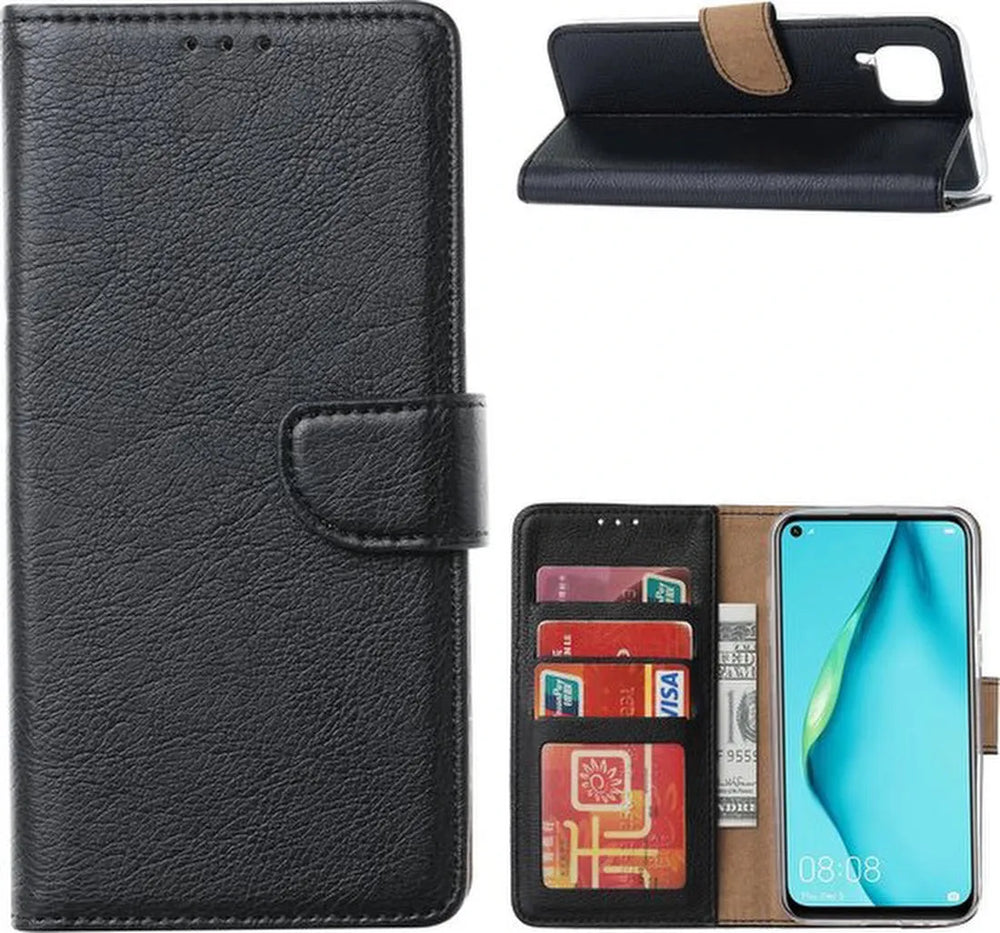 Huawei P40 Lite Hoesjes – Portemonnee Hoes – Pasjeshouder – Magneetsluiting – Zwart + 2x Screenprotector-Ilumina Benelux