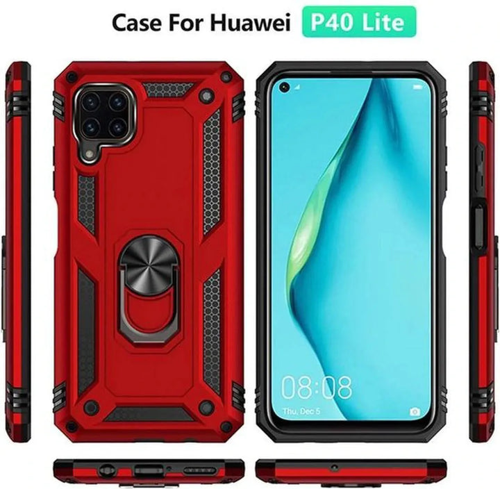 Huawei P40 Lite Hoesjes – Rugged Ring Armor Backcover – Schokbestendig – Rood-Ilumina Benelux