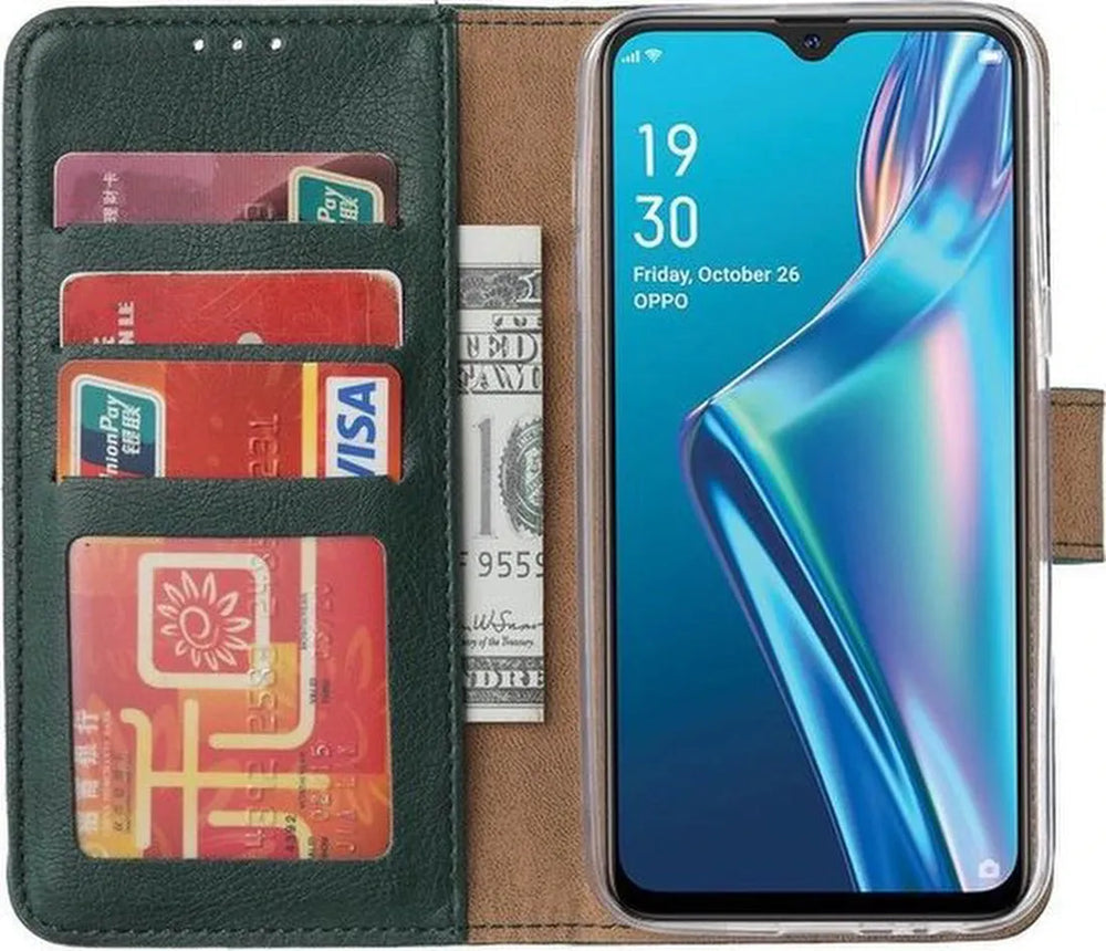Oppo A12/A12S Hoesjes – Portemonnee Bookcase – Pasjeshouder – Magneetsluiting – Groen-Ilumina Benelux