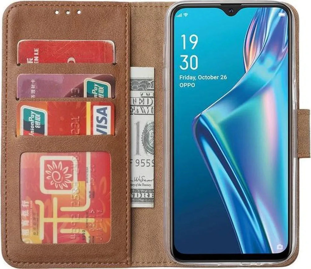 Oppo A12 Hoesjes – Portemonnee Bookcase – Pasjeshouder – Magneetsluiting – Lichtbruin-Ilumina Benelux