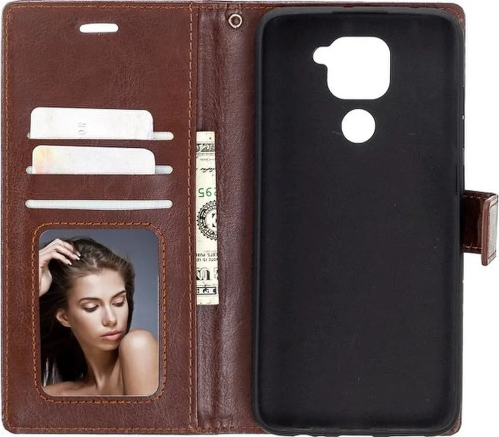 Xiaomi Redmi Note 9 Hoesjes – Bookcase Portemonnee Hoes – Pasjeshouder – Magneetsluiting – Bruin-Ilumina Benelux