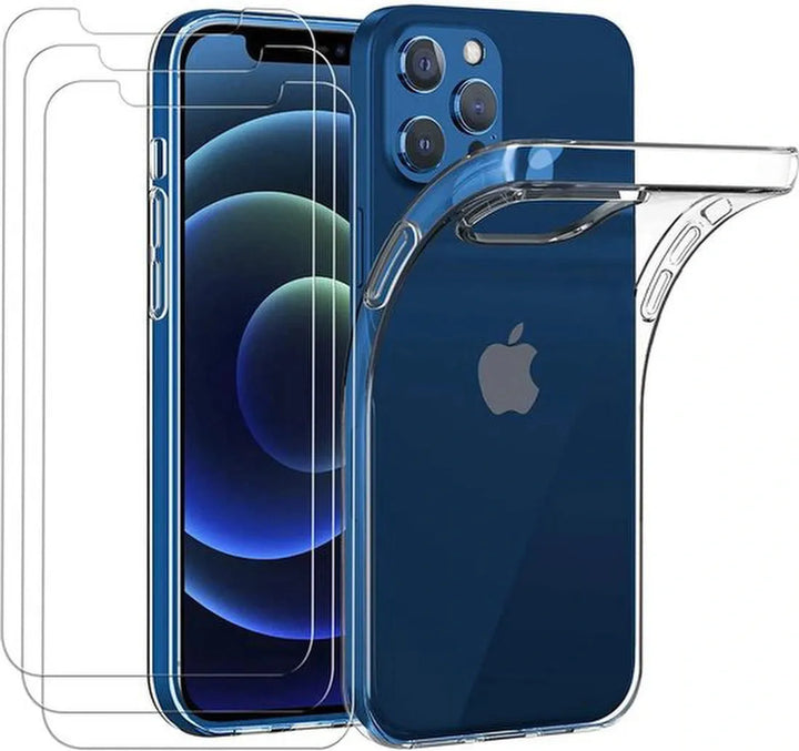 iPhone 12 Hoesjes – Transparante TPU Siliconen Backcover – Soft Case – 3x Screenprotector Gehard Glas-Ilumina Benelux