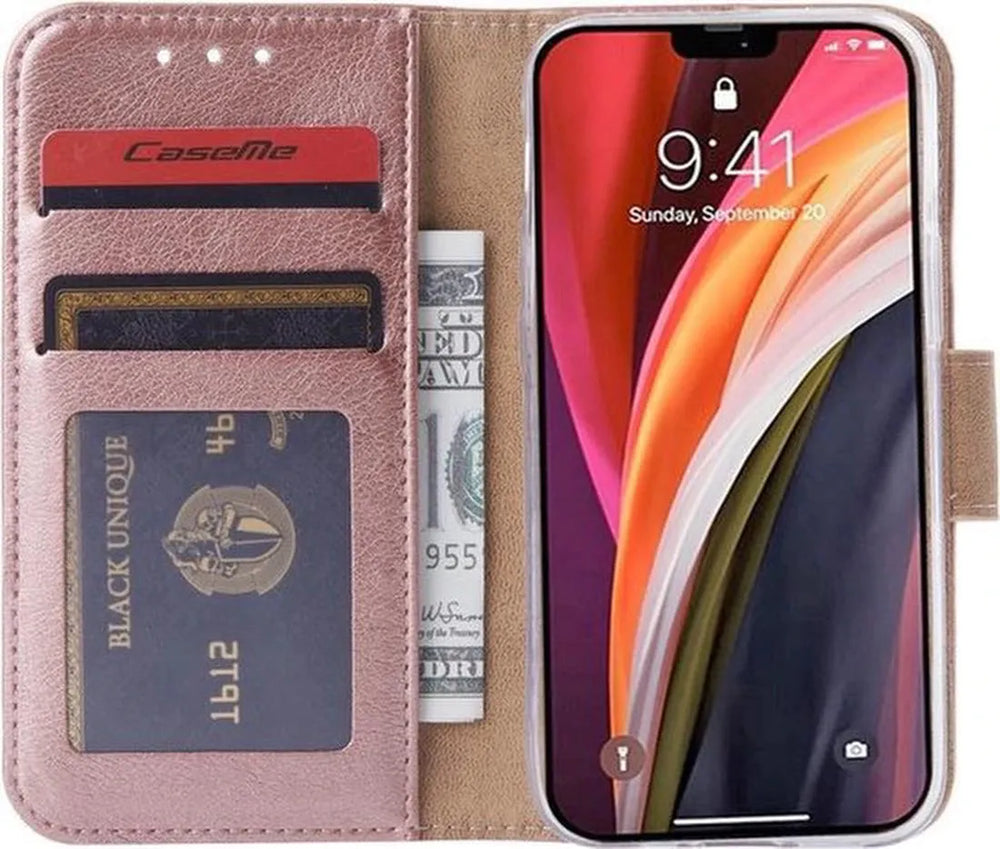 iPhone 12 Hoesjes – Portemonnee Bookcase – Magneetsluiting – 2x Gehard Glas Screenprotector – Roségoud-Ilumina Benelux