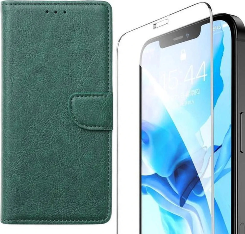 iPhone 12 Mini Hoesjes – Bookcase Portemonnee Hoes – Magneetsluiting – 2x Screenprotector Gehard Glas – Groen-Ilumina Benelux