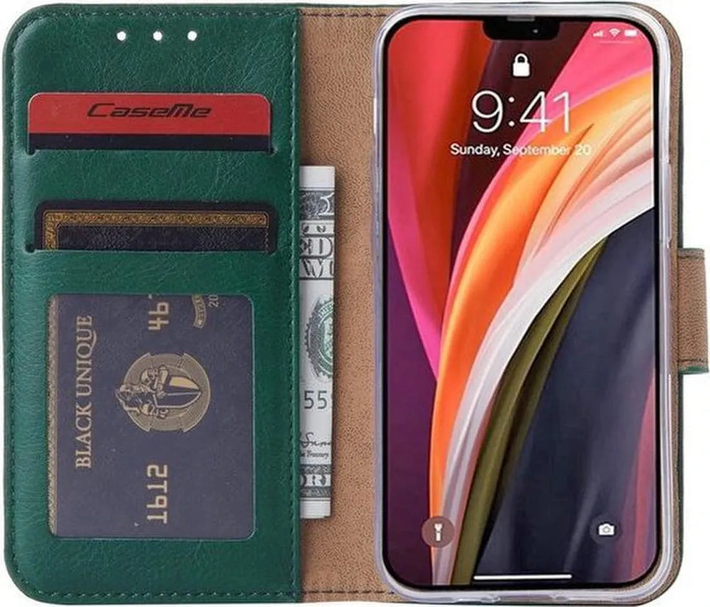iPhone 12 Mini Hoesjes – Bookcase Portemonnee Hoes – Magneetsluiting – 2x Screenprotector Gehard Glas – Groen-Ilumina Benelux