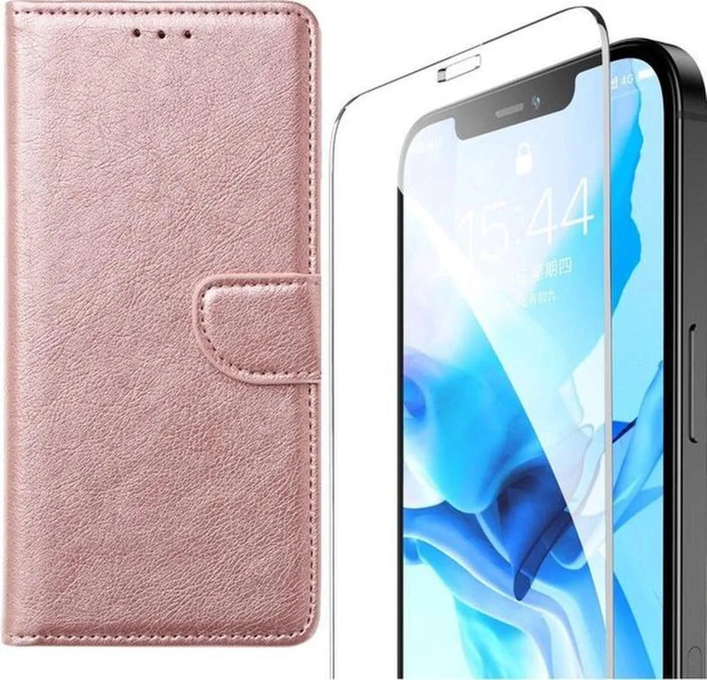 iPhone 12 Mini Hoesjes – Bookcase Portemonnee – Magneetsluiting – 2x Gehard Glas Screenprotector – Roségoud-Ilumina Benelux