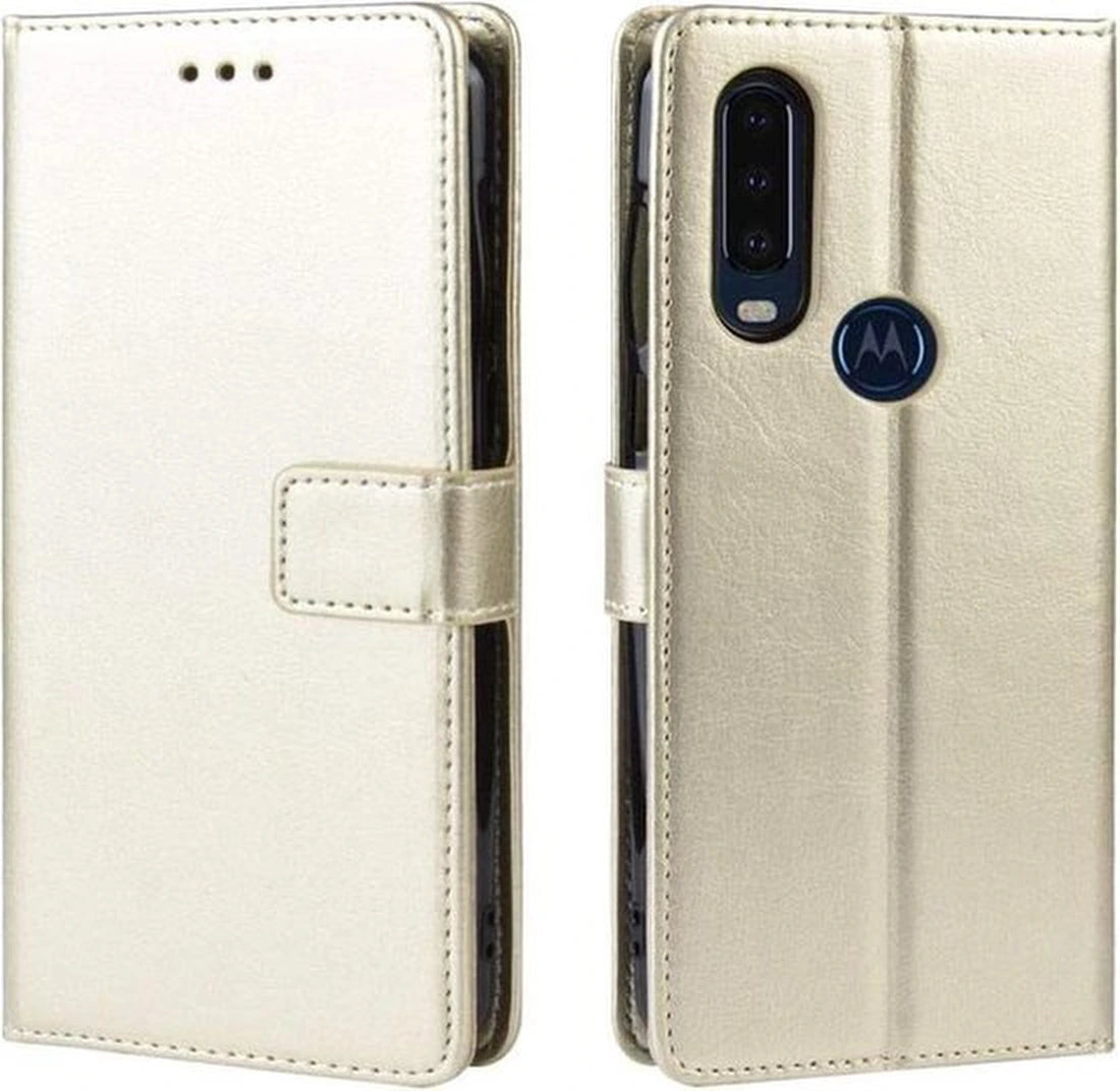 Portemonnee Book Case Hoesje + 2x Screenprotector Geschikt voor: Motorola One Action - Goud