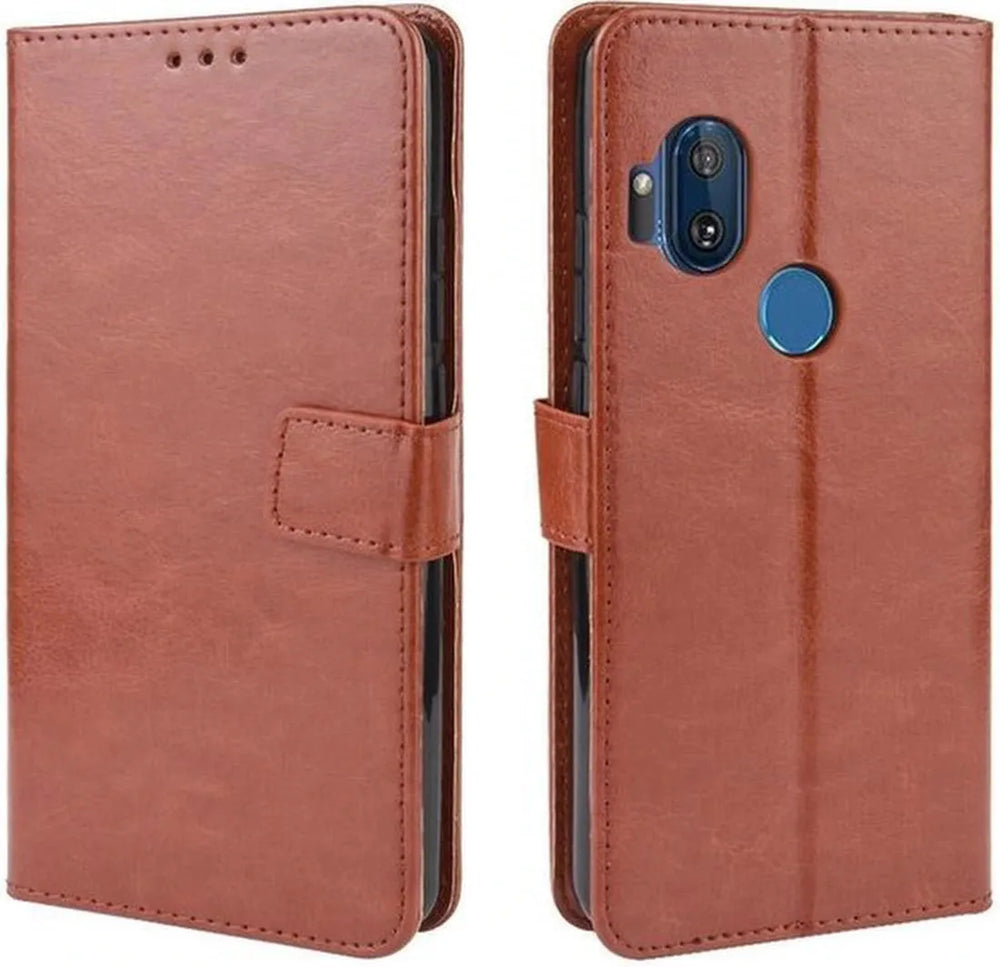 Motorola One Hyper Hoesjes – Portemonnee Book Case – Magneetsluiting – 2x Screenprotector – Bruin-Ilumina Benelux