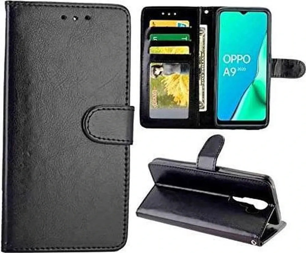 Oppo A9 2020/A5 2020 Hoesjes – Portemonnee Book Case – Pasjeshouder – 2x Gehard Glas Screenprotector – Zwart-Ilumina Benelux