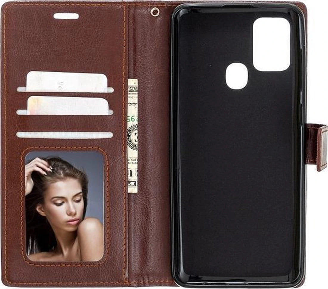 Portemonnee BookCase Hoesje + 2 Pack Screenprotector Glas Geschikt voor: Samsung Galaxy M31 - Bruin