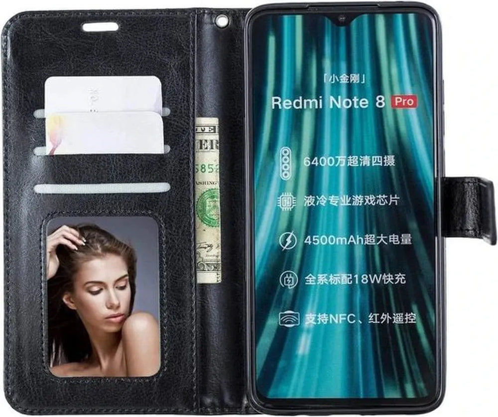 Xiaomi Redmi Note 8 Pro Hoesjes – Portemonnee Book Case – Pasjeshouder – 2x Screenprotector Gehard Glas – Zwart-Ilumina Benelux