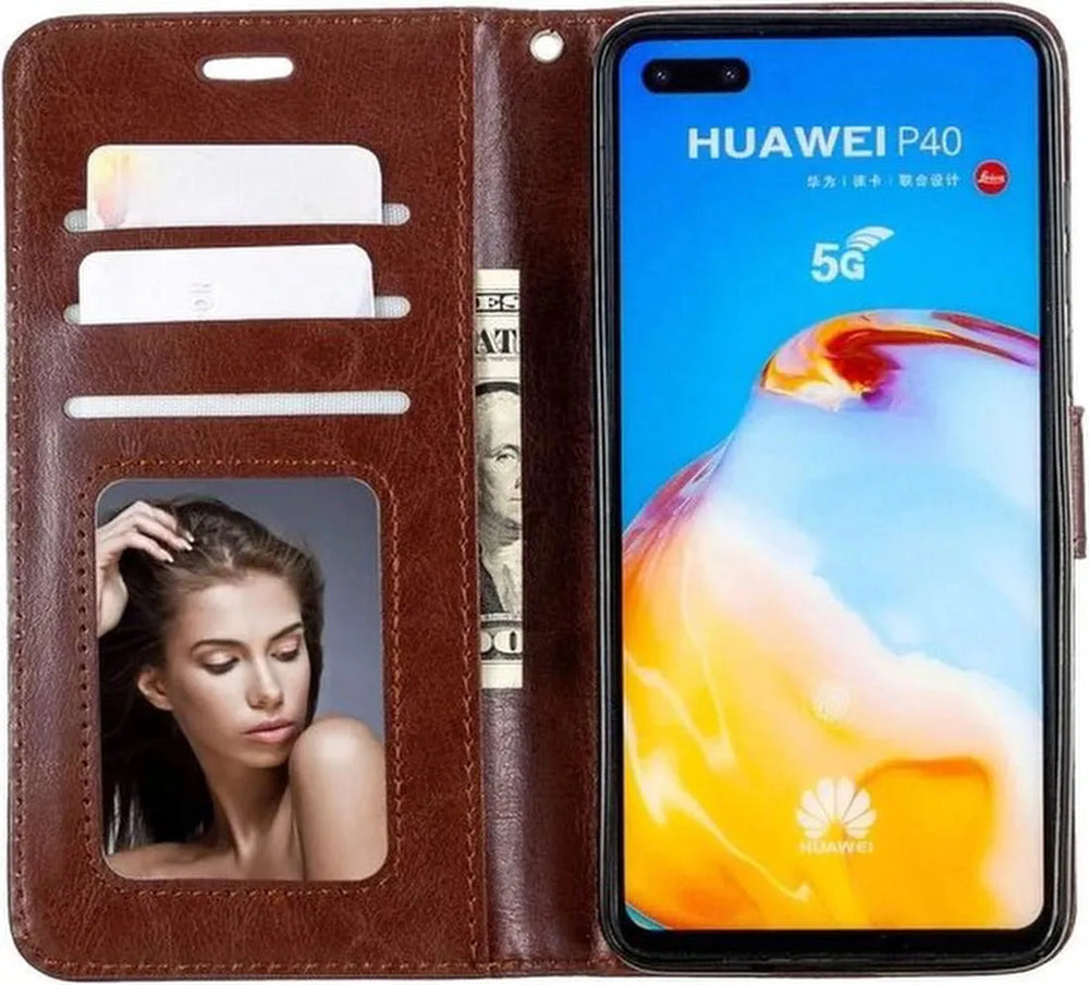 Huawei P40 Lite Hoesjes – Portemonnee Book Case – Pasjeshouder – 2x Screenprotector – Bruin-Ilumina Benelux