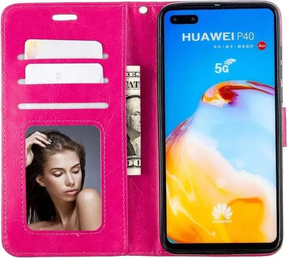 Huawei P40 Lite Hoesjes – Portemonnee Book Case – Magneetsluiting – 2x Screenprotector – Roze-Ilumina Benelux