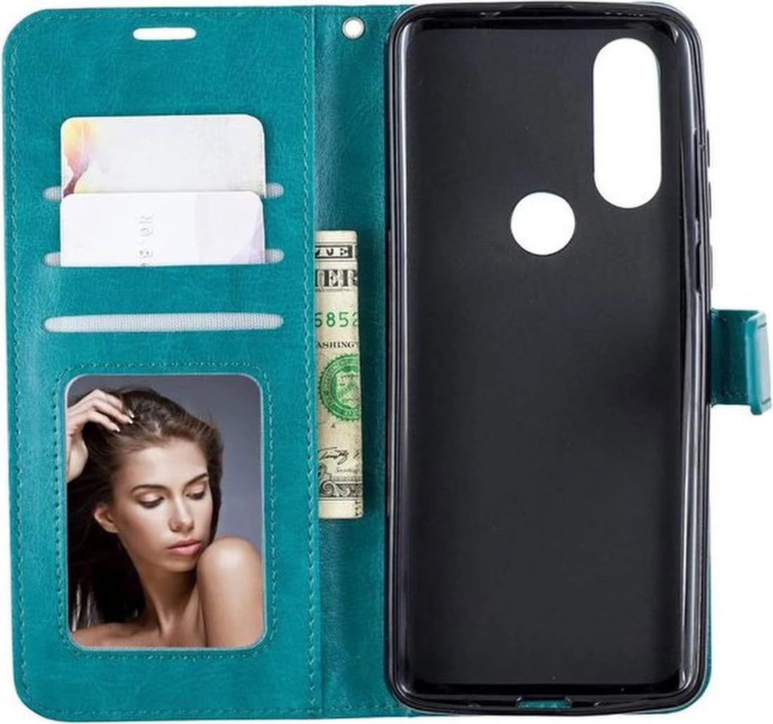 Portemonnee Book Case Hoesje + 2x Screenprotector Geschikt voor: Motorola One Action - Turquoise