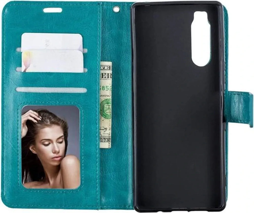 Sony Xperia 5 Hoesjes – Portemonnee Bookcase – Magneetsluiting – 2 Pack Screenprotector Gehard Glas – Turquoise-Ilumina Benelux