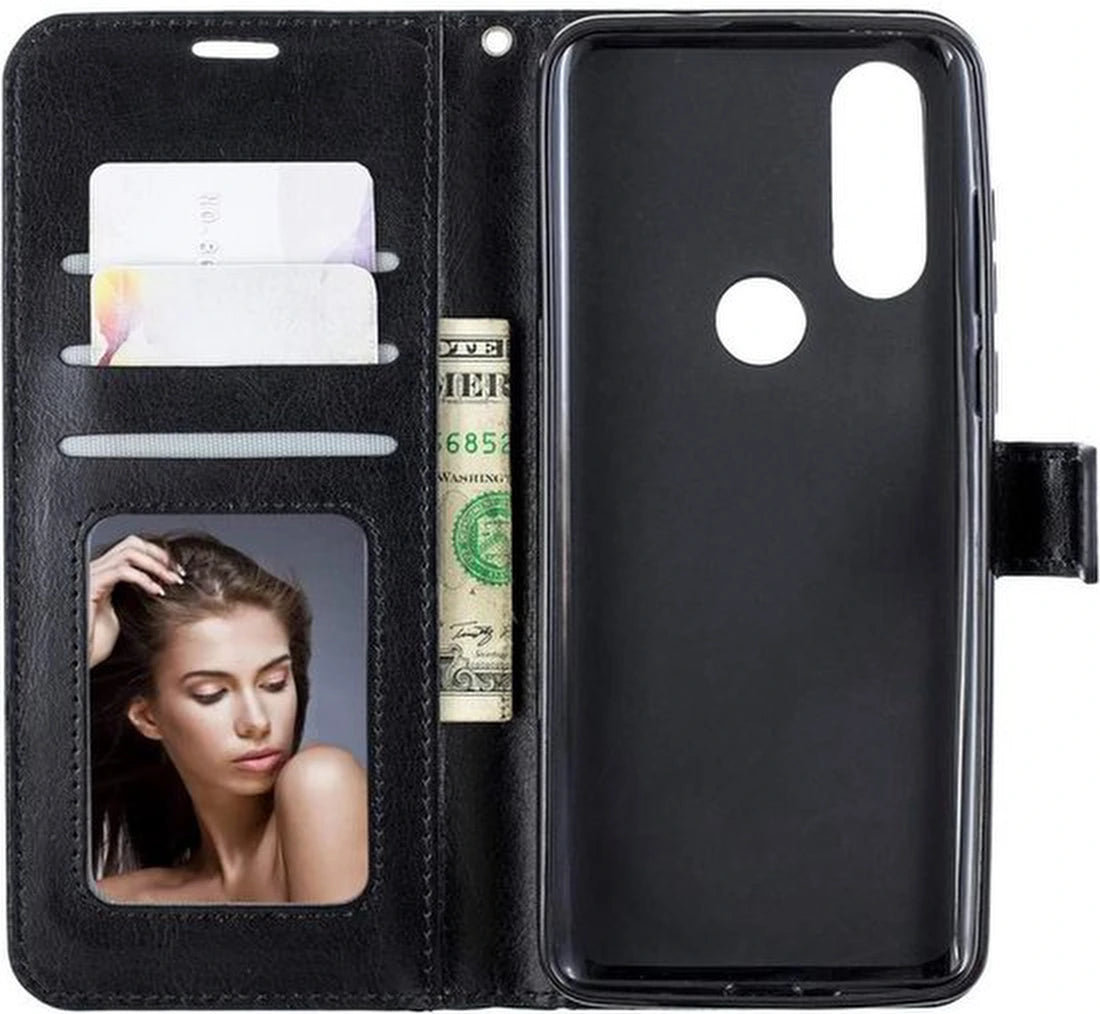 Portemonnee Book Case Hoesje + 2x Screenprotector Geschikt voor: Motorola One Vision - Zwart