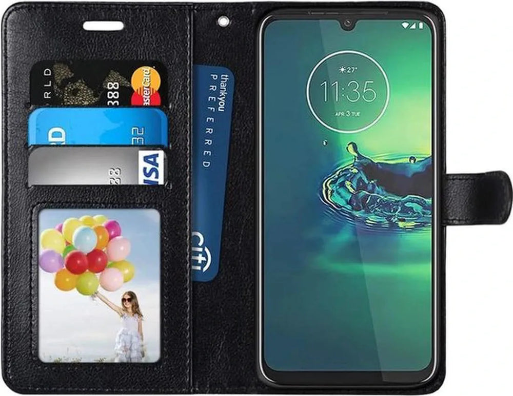 Motorola Moto G8 Play Hoesjes – Portemonnee Book Case – Pasjeshouder – Magneetsluiting – Zwart + 2x Screenprotector-Ilumina Benelux