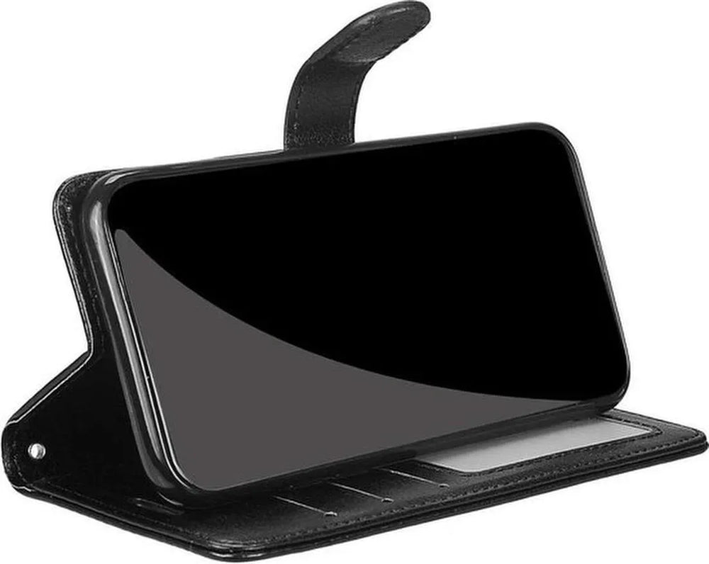 Motorola Moto G8 Play Hoesjes – Portemonnee Book Case – Pasjeshouder – Magneetsluiting – Zwart + 2x Screenprotector-Ilumina Benelux