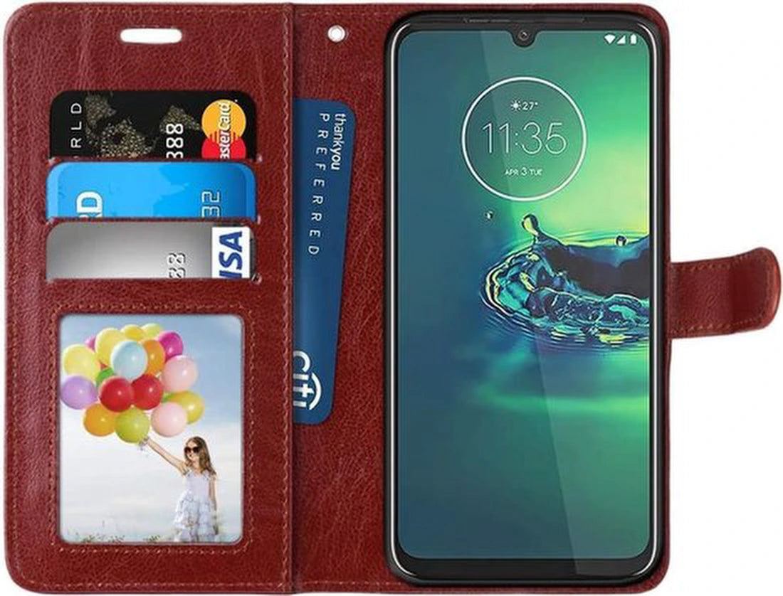 Motorola Moto G8 Plus Hoesjes – Portemonnee Book Case – Magneetsluiting – 2x Screenprotector – Bruin