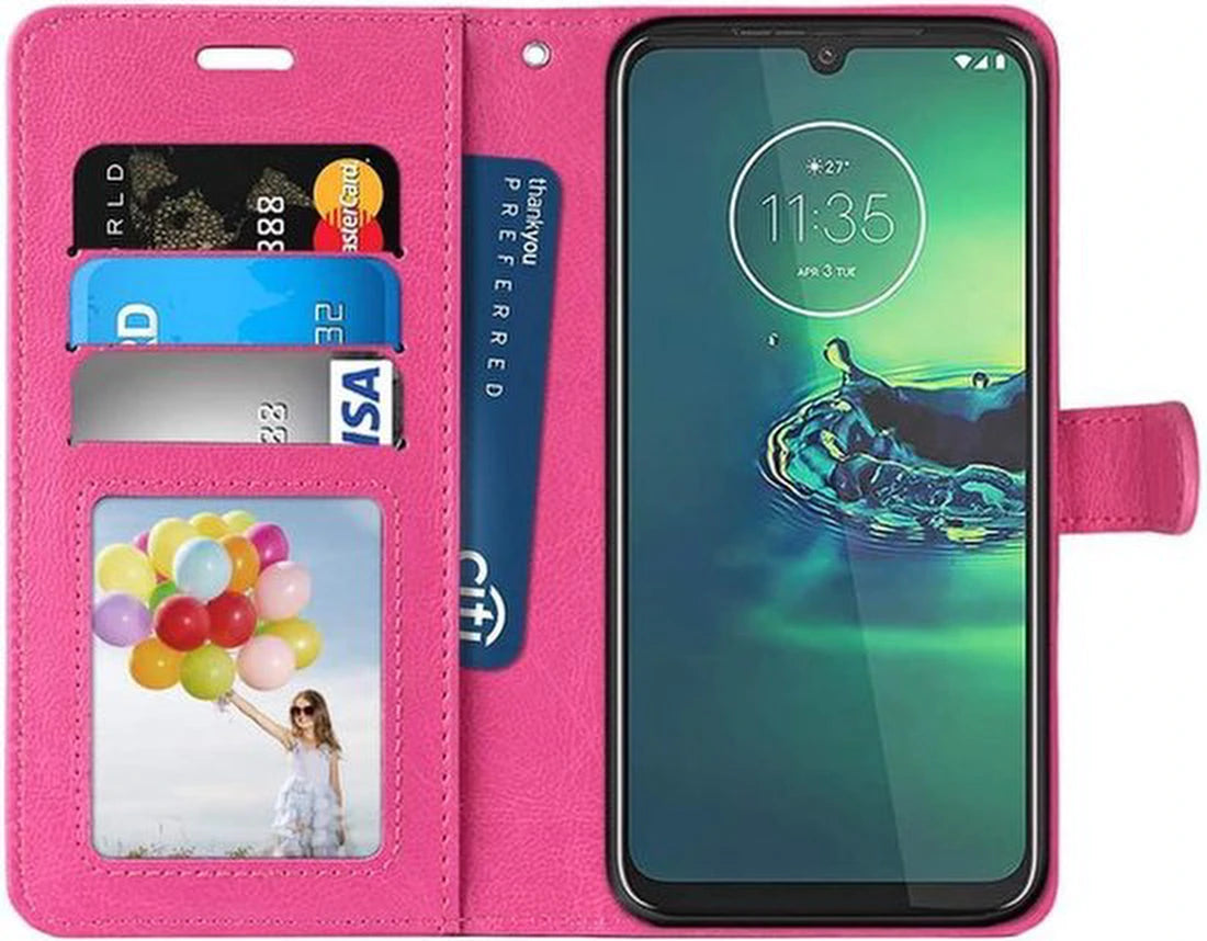 Motorola Moto G8 Plus Hoesjes – Portemonnee Book Case – Magneetsluiting – 2x Screenprotector – Roze