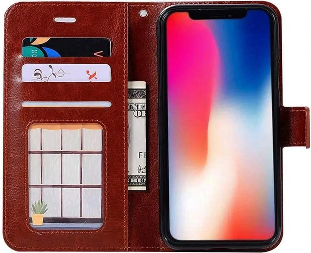iPhone XR Hoesjes – Portemonnee Book Case – Pasjeshouder – 2x Gehard Glas Screenprotector – Bruin-Ilumina Benelux