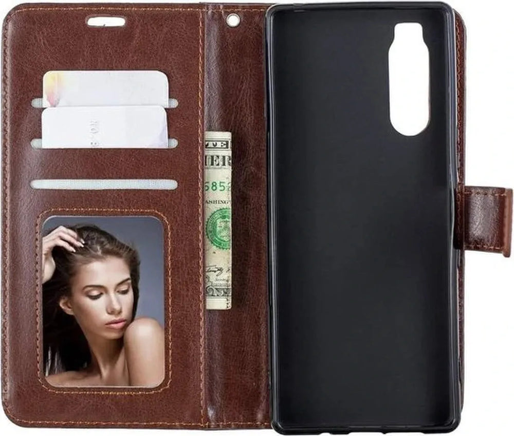 Sony Xperia 5 Hoesjes – Portemonnee Bookcase – Magneetsluiting – 2 Pack Screenprotector Gehard Glas – Bruin-Ilumina Benelux