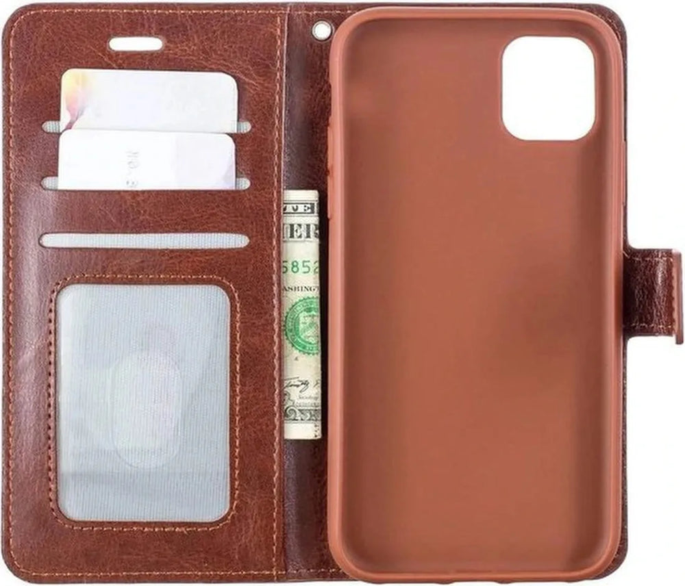 iPhone 11 Hoesjes – Portemonnee Book Case – Pasjeshouder – 2x Screenprotector Gehard Glas – Bruin-Ilumina Benelux