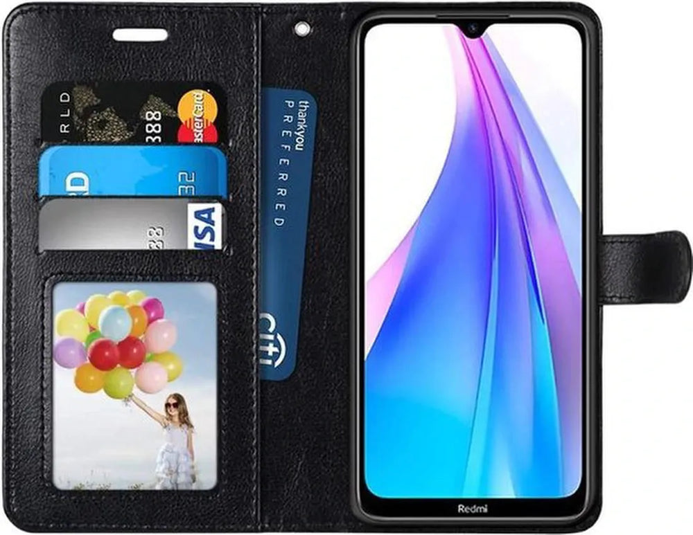 Xiaomi Redmi Note 8T Hoesjes – Portemonnee Book Case – Pasjeshouder – 2x Gehard Glas Screenprotector – Zwart-Ilumina Benelux